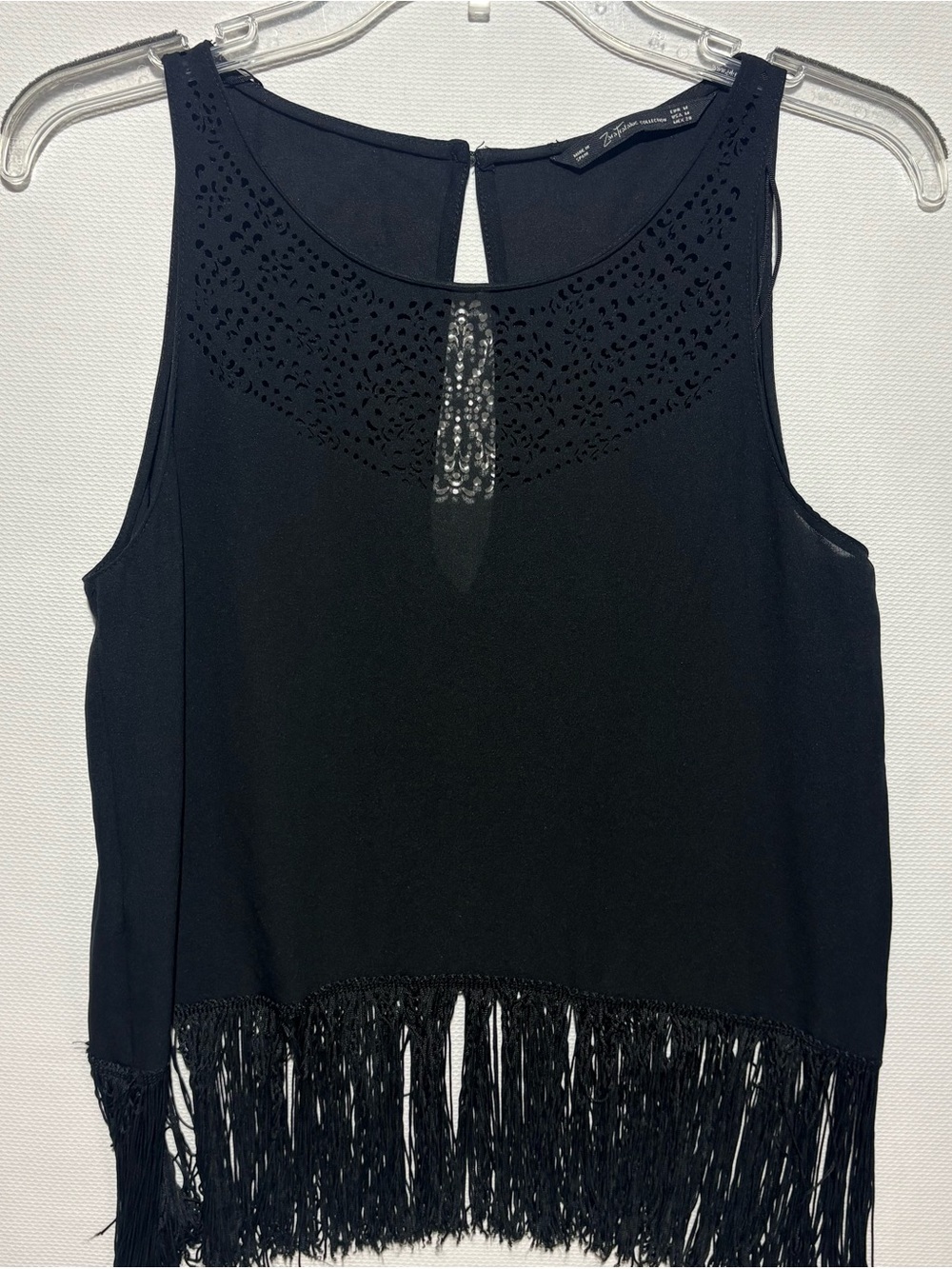 Zara Black Laser-Cut Tank with Beaded Detail and Fringe Hem